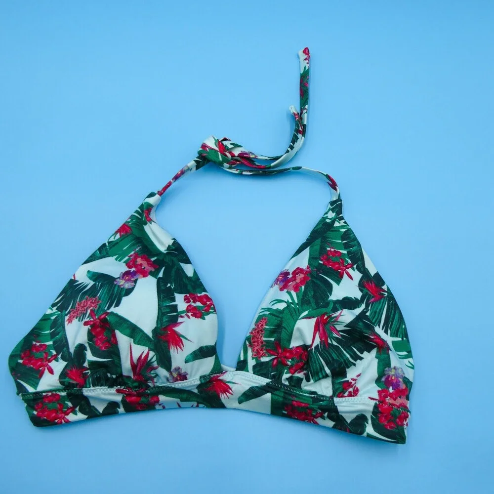 Victorias Secret Medium Green Floral Triangle Halter Padded Bikini‎ Top Swimwear